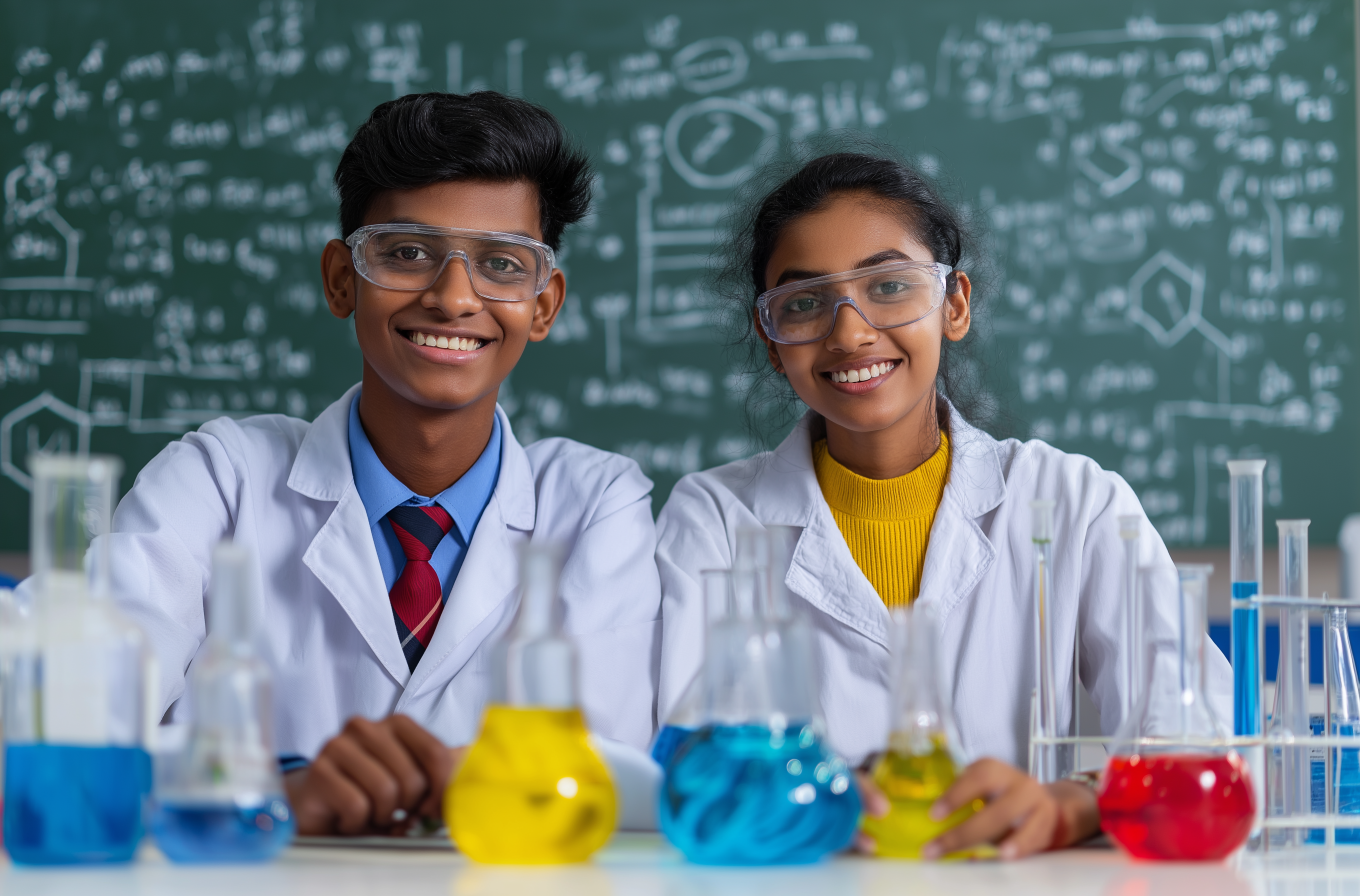 One male and female teenagers wearing lab coats and safety eyewear in a lab
