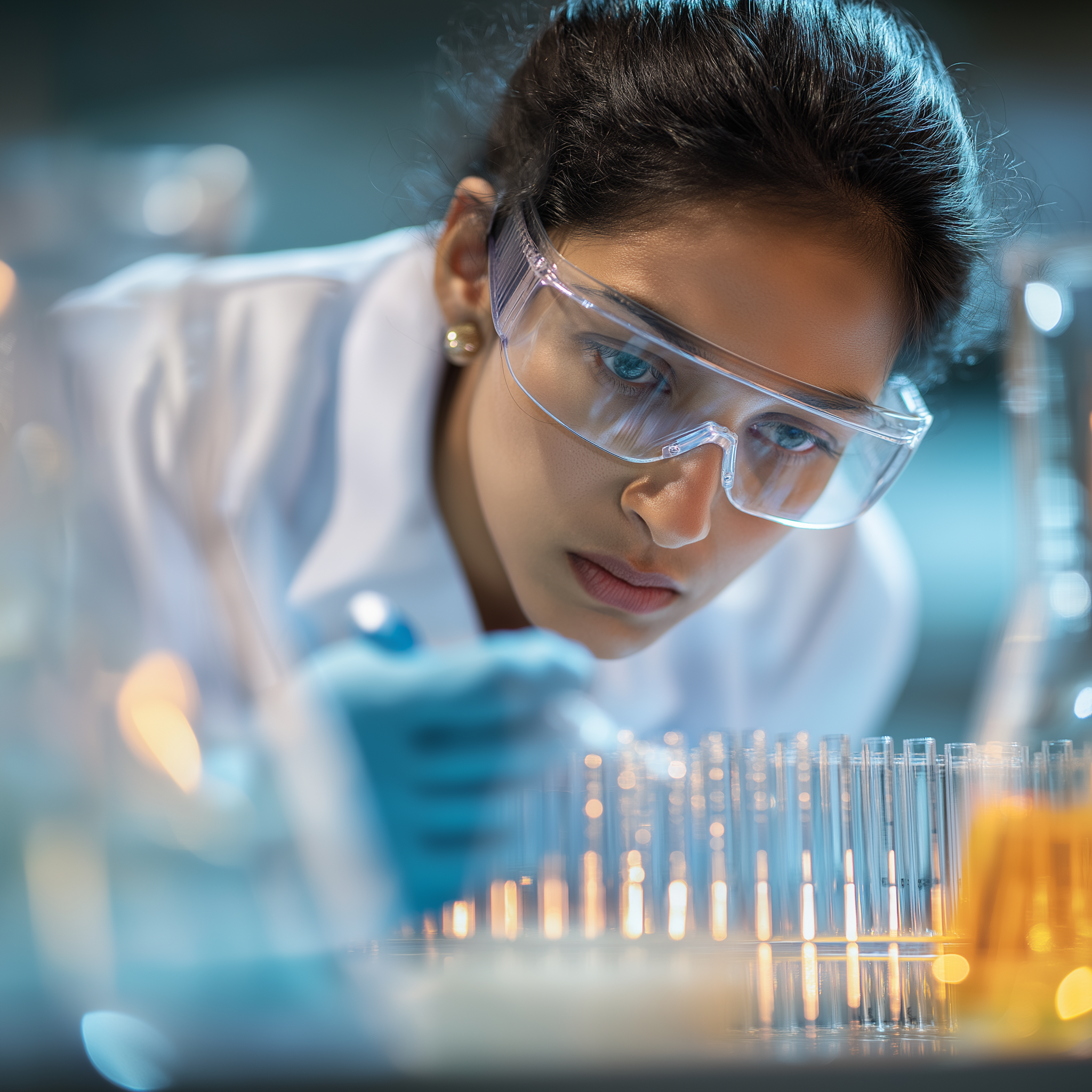 A female employee wearing safely gloves and safety eyewear using a test tube in a lab