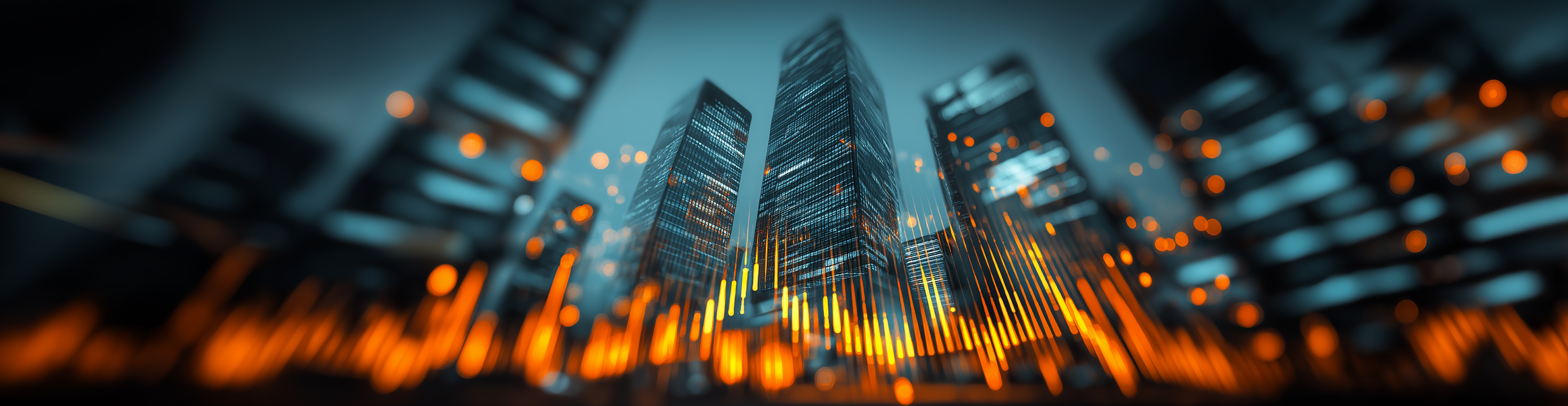 A set of high-rise buildings at night with lights on