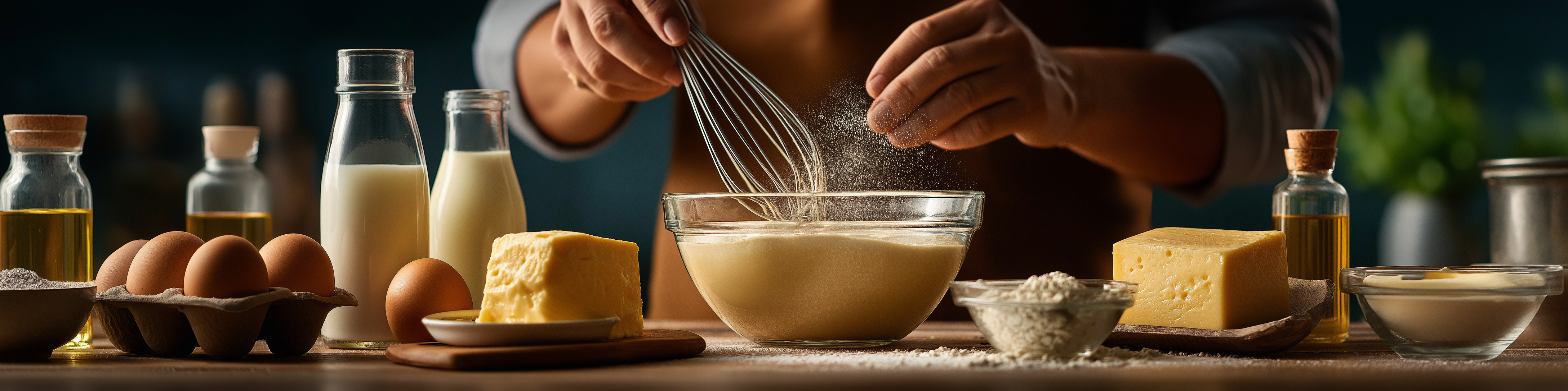 A table with dairy products and eggs, with a person whisking a mixture