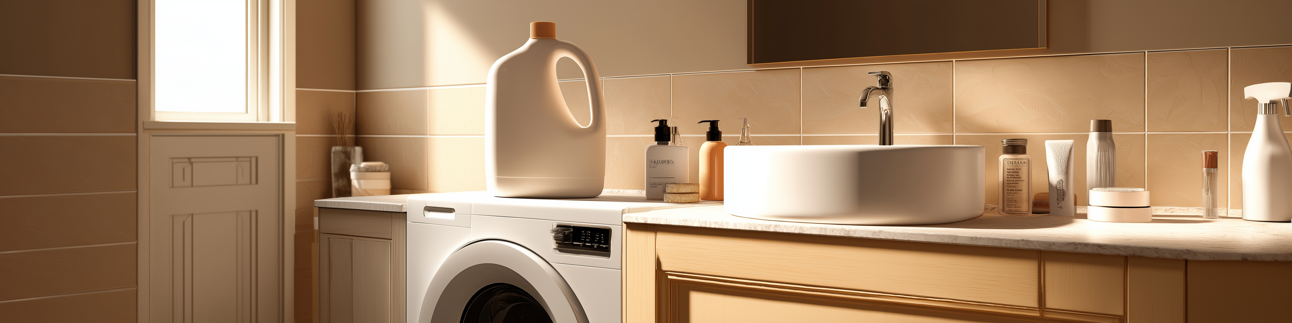 Different types of personal care and laundry care bottles by Chemanex PLC on a sinktop