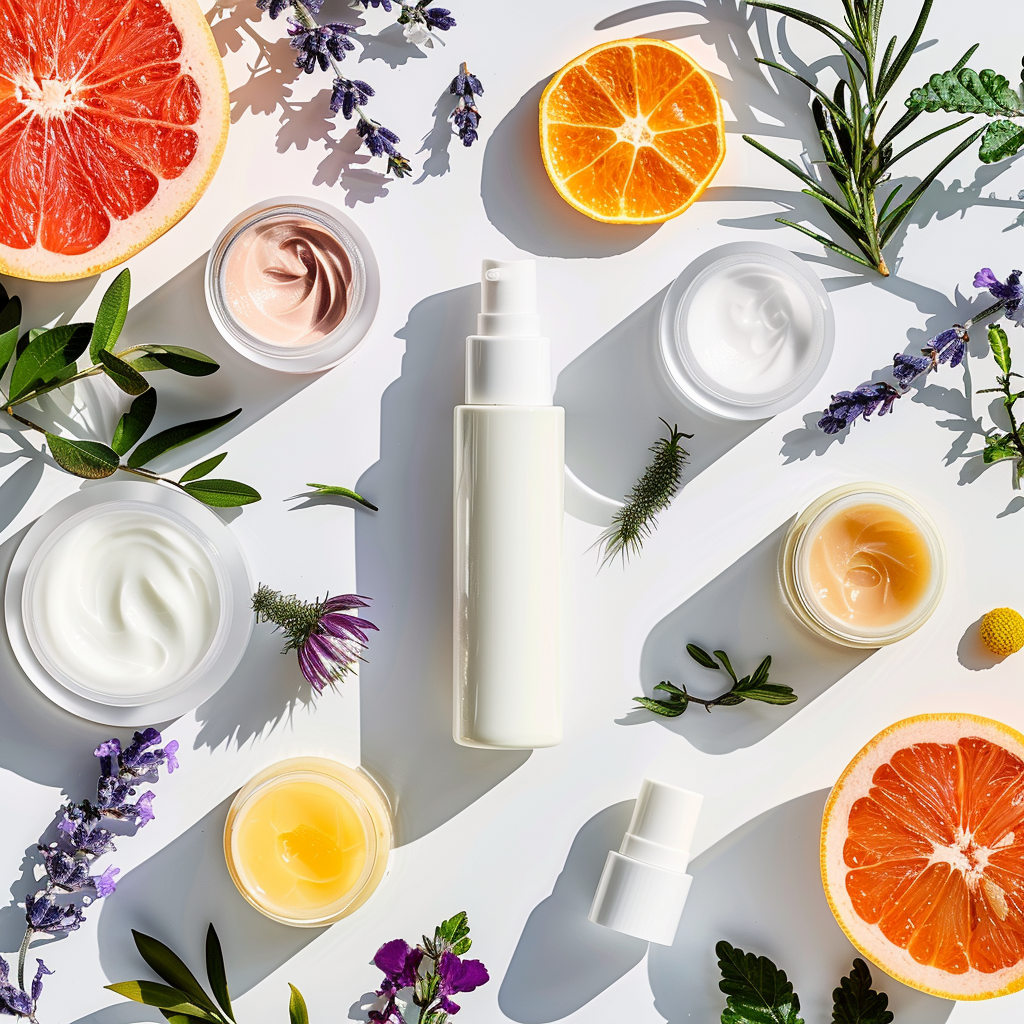A white hand spray bottle by Chemanex PLC against a background with flowers, creams, and a few fruits