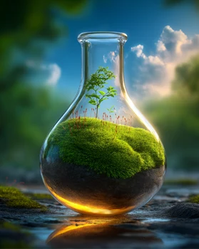 A hand holding a plant growing inside a bottle in a garden