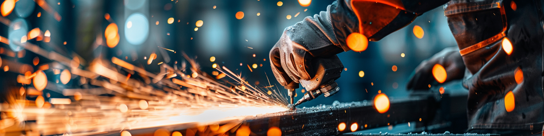 An employee wearing safety gear cutting metal