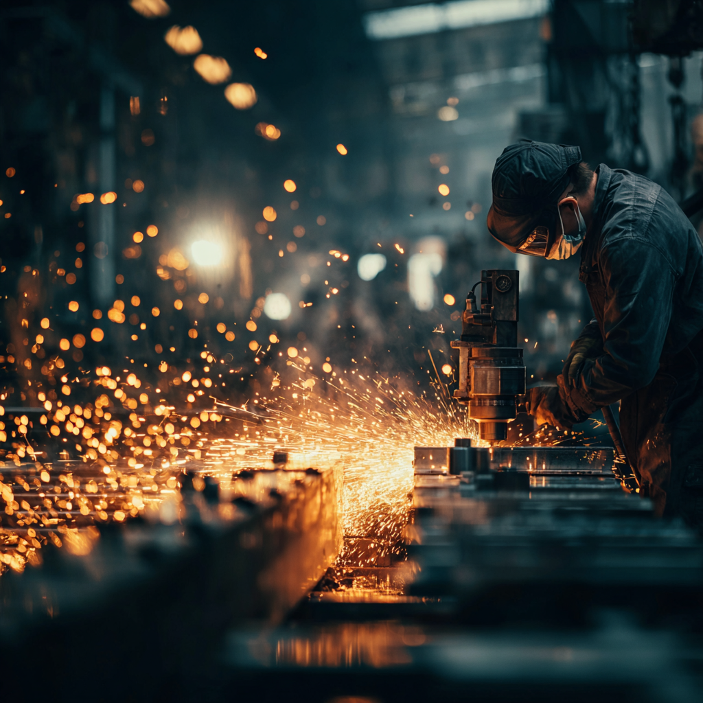 An employee wearing safety gloves and a helmet operating a metal cutting machine