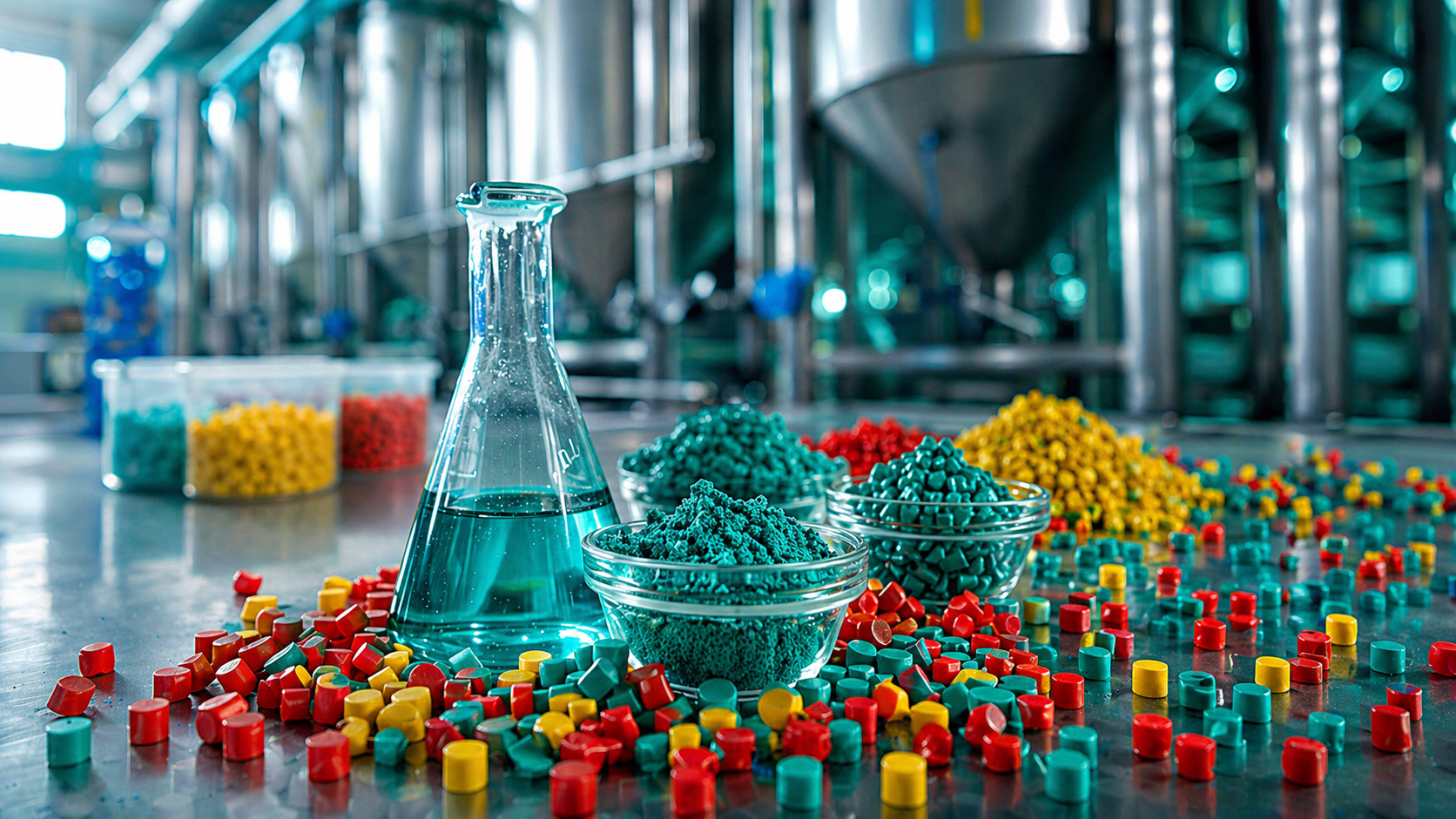 Colourful plastic cubes and a chemical liquid in a flask