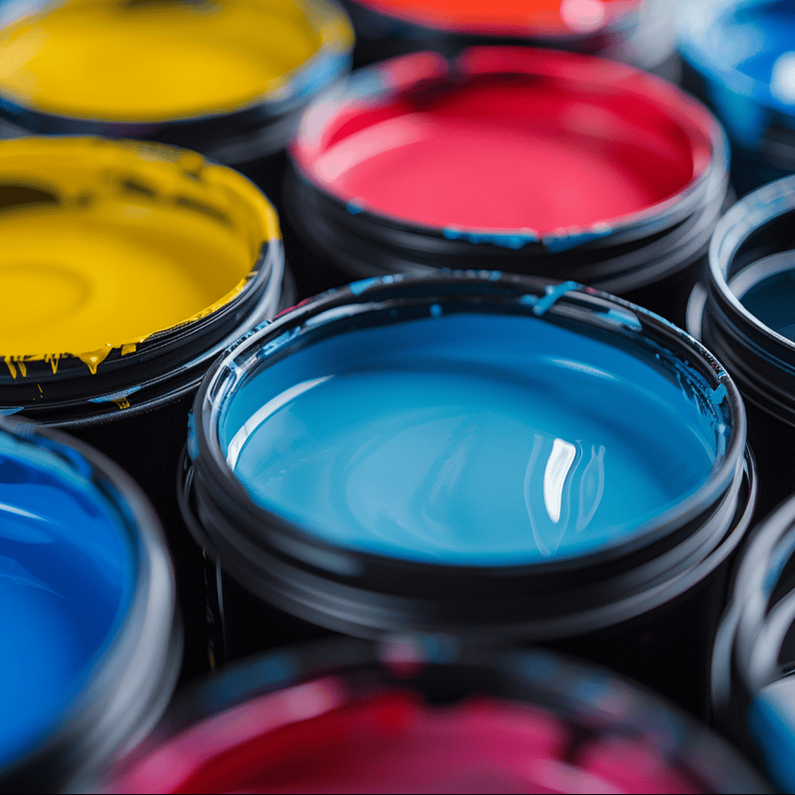 Different coloured paint liquids by Chemanex PLC stored in black paint cans with open lids