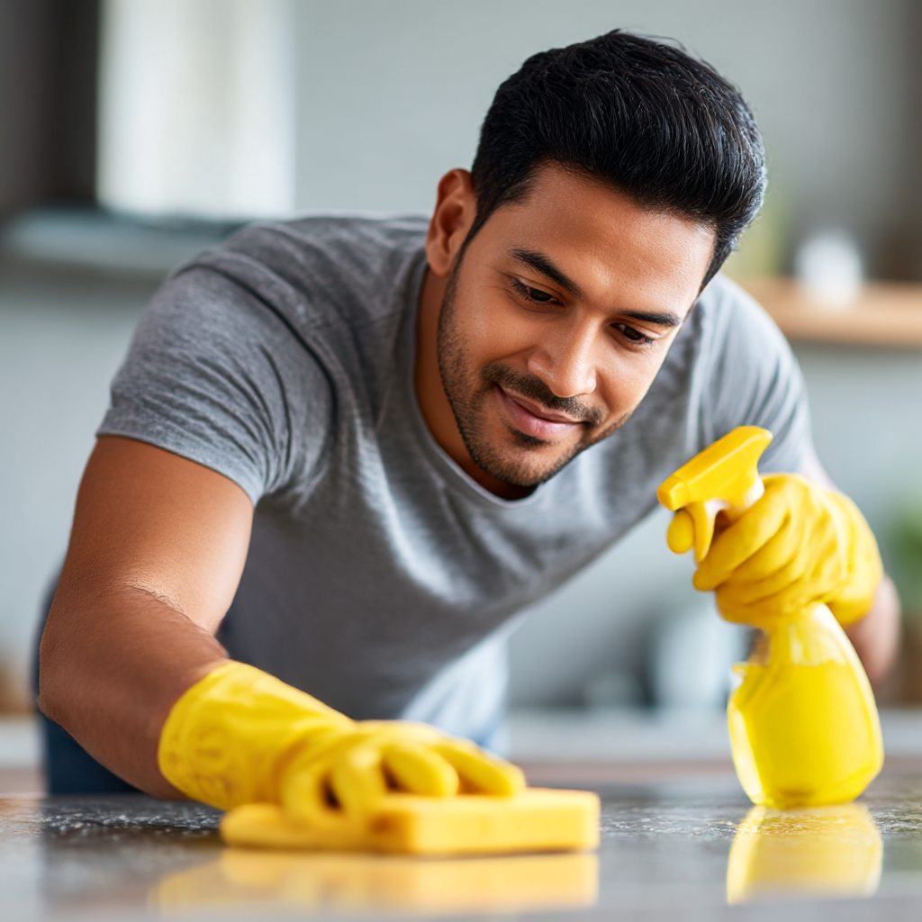 A man cleaning a surface while wearing yellow gloves and using a spray bottle