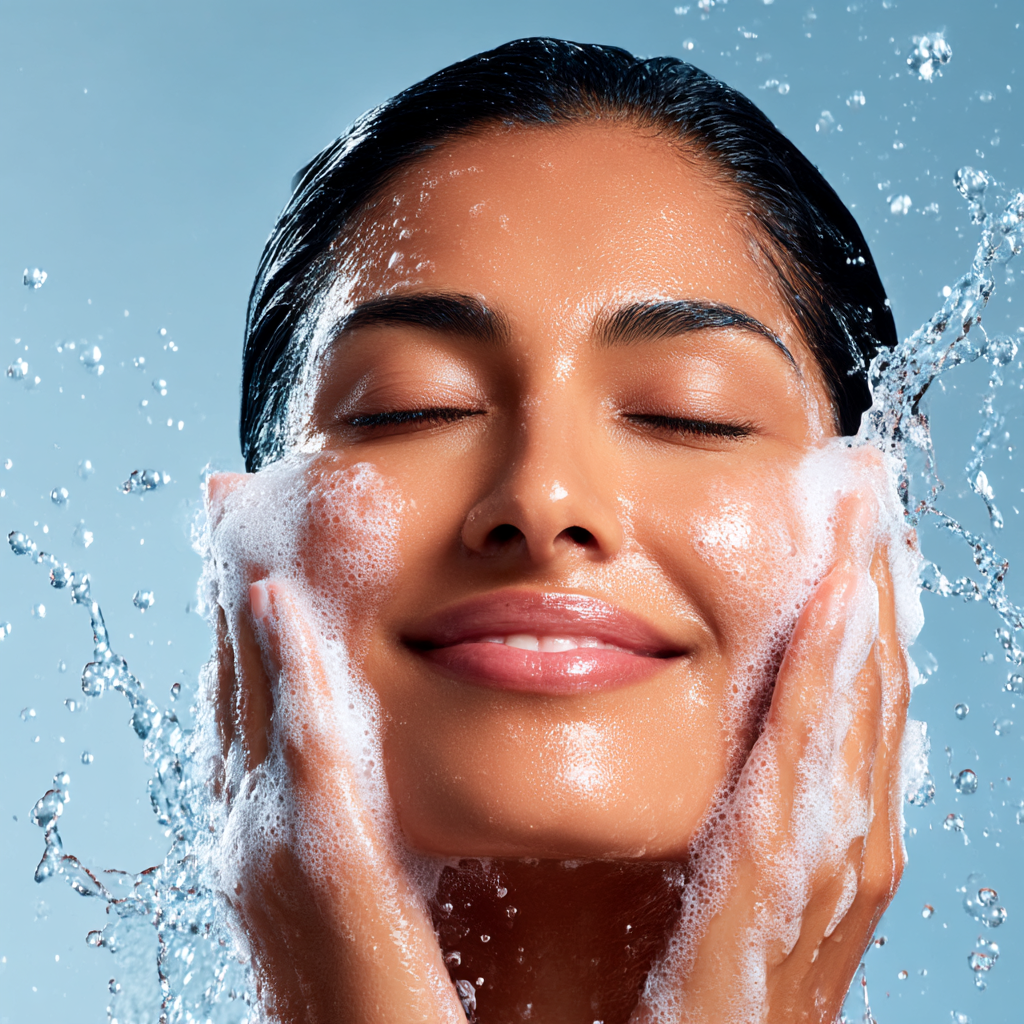 A female model cleansing her face with a face wash